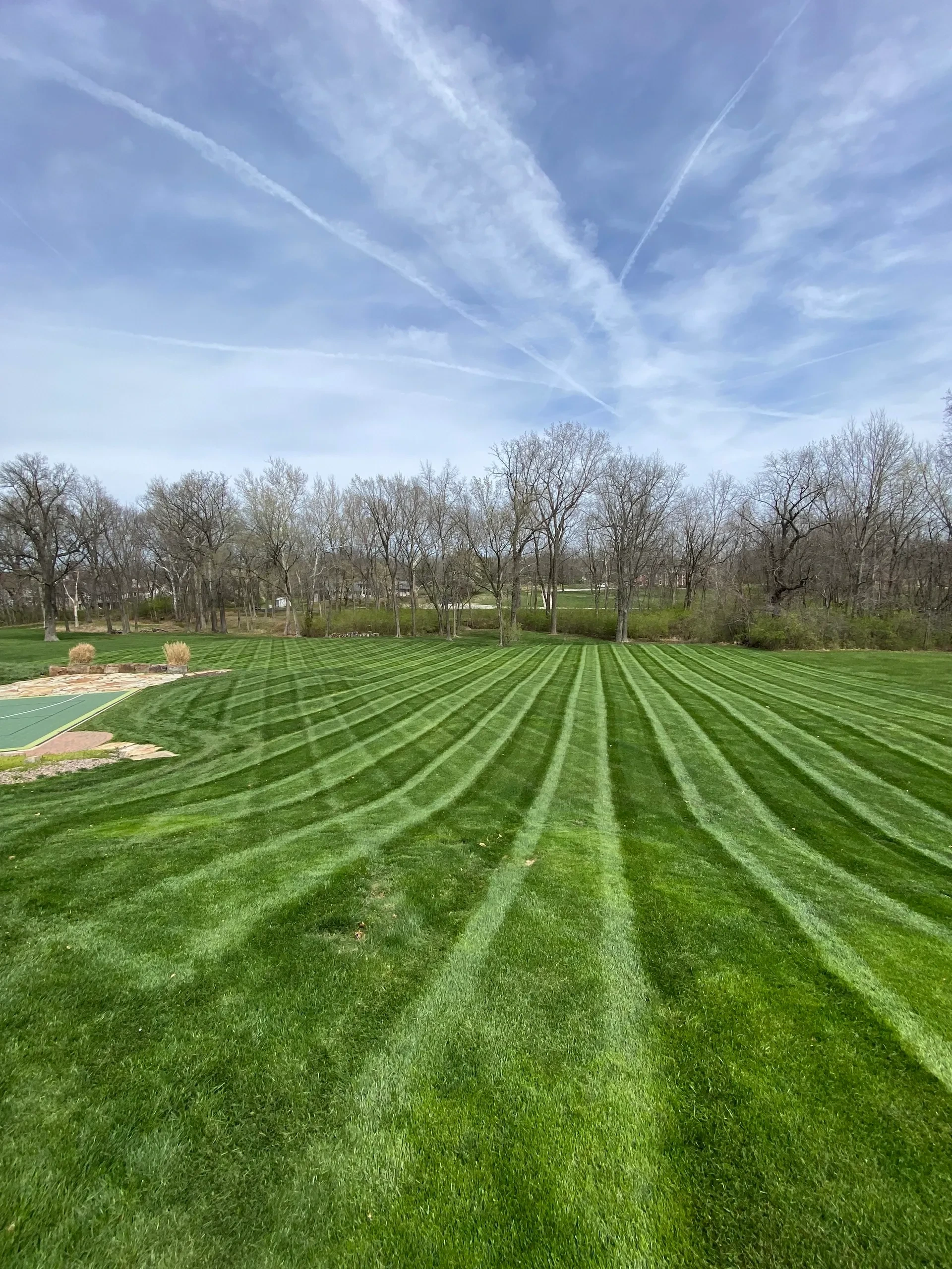 Professional lawn mowing service in St. Louis, MO showing a healthy, freshly mowed green lawn with perfectly styled mowing stripes
